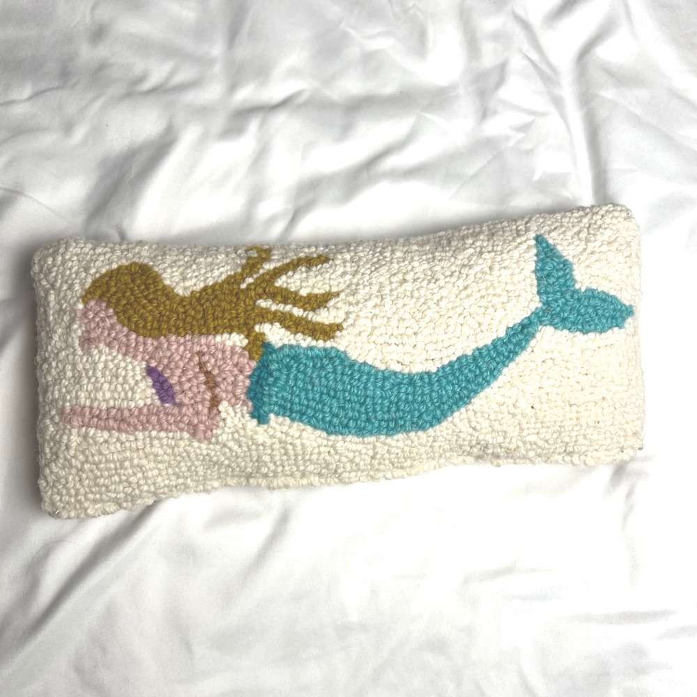 Handmade Wool Mermaid Hook Pillow Coastal Nautical Decor 6x12 Cream Velvet